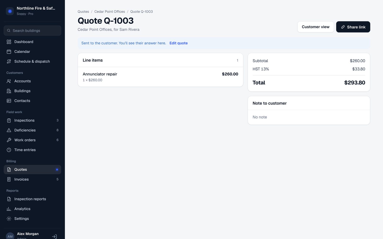 A quote ready to send to the customer