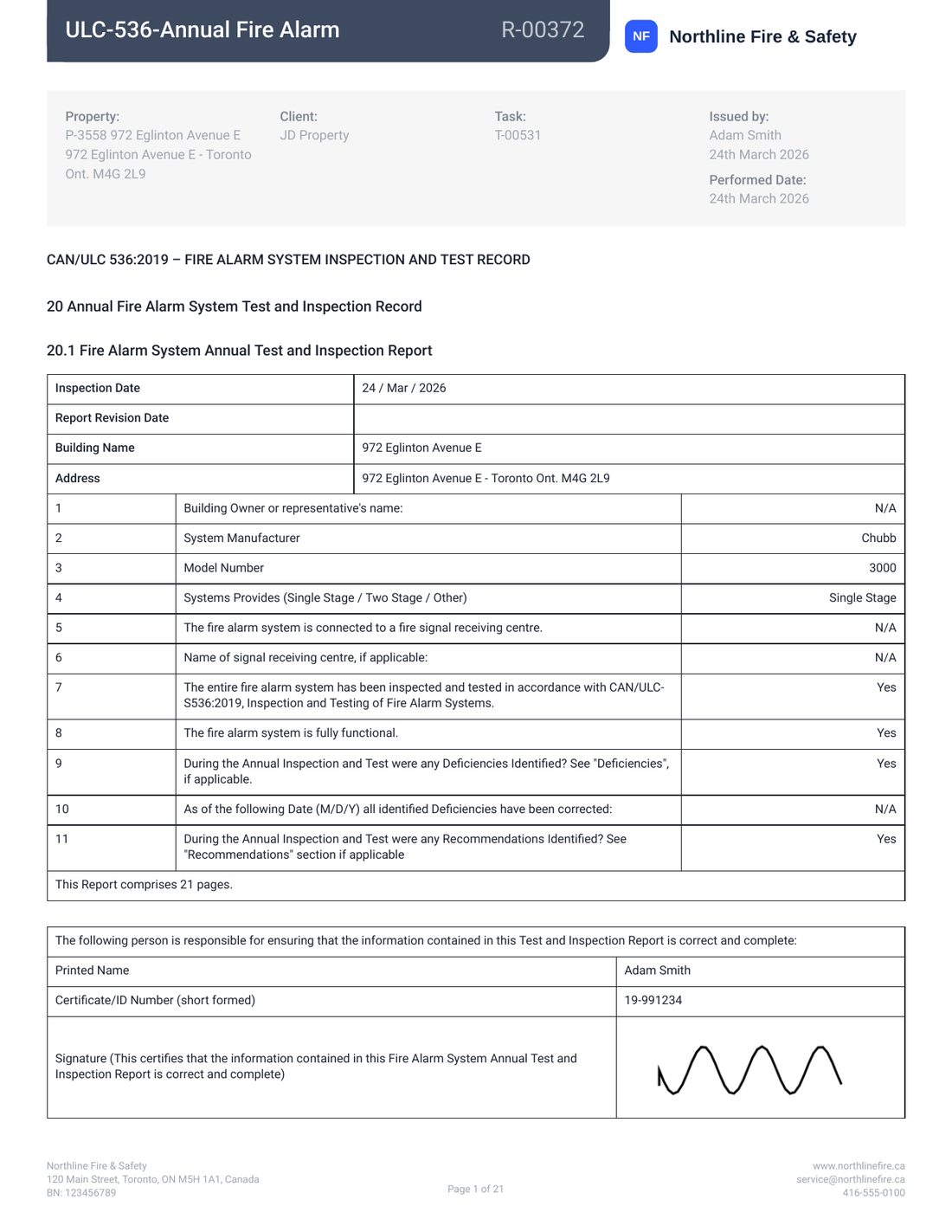 First page of a CAN/ULC-S536 annual fire alarm report made in Soppy